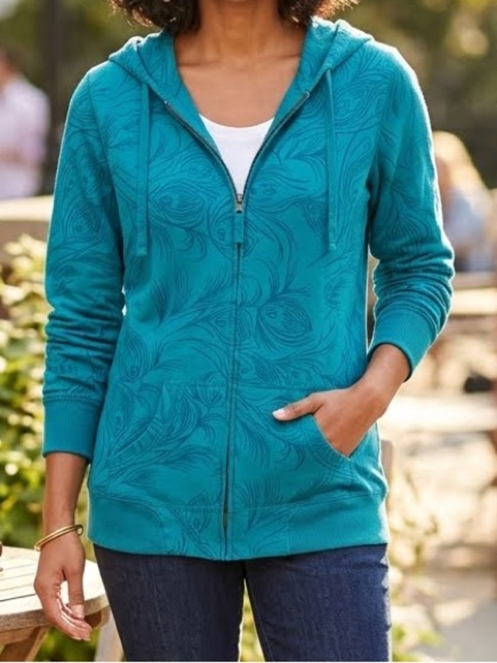 Maurices sz 0 Hoodie Sweatshirt Teal Zip-Up pockets Feather Swirl US XS / 2 NWOT